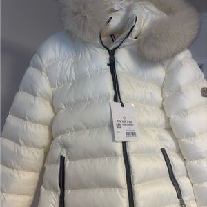 Moncler Women's Cream Puffer Jacket with Fur Trim
